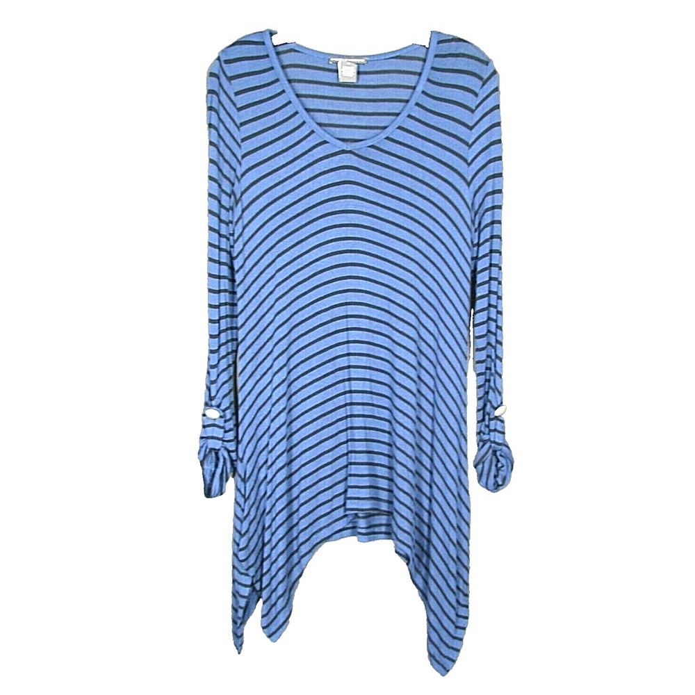 CHELSEA THEODORE Blue/Black Striped THIN KNIT Shark-Bite Hem TUNIC TOP Stretch S